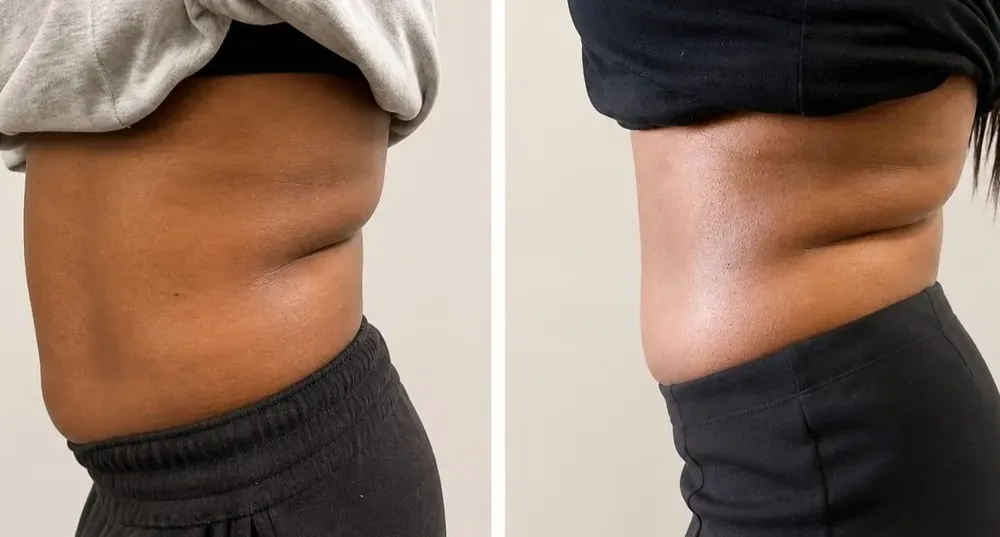 Before and after non-surgical body sculpting of the midsection at Wumi Body & Face Studio