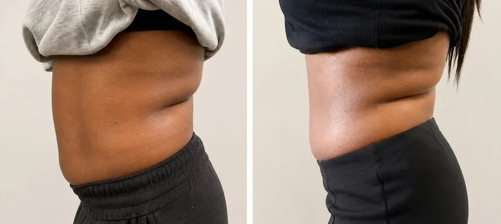 Before and after non-surgical body contouring of the midsection at Wumi Body & Face Studio