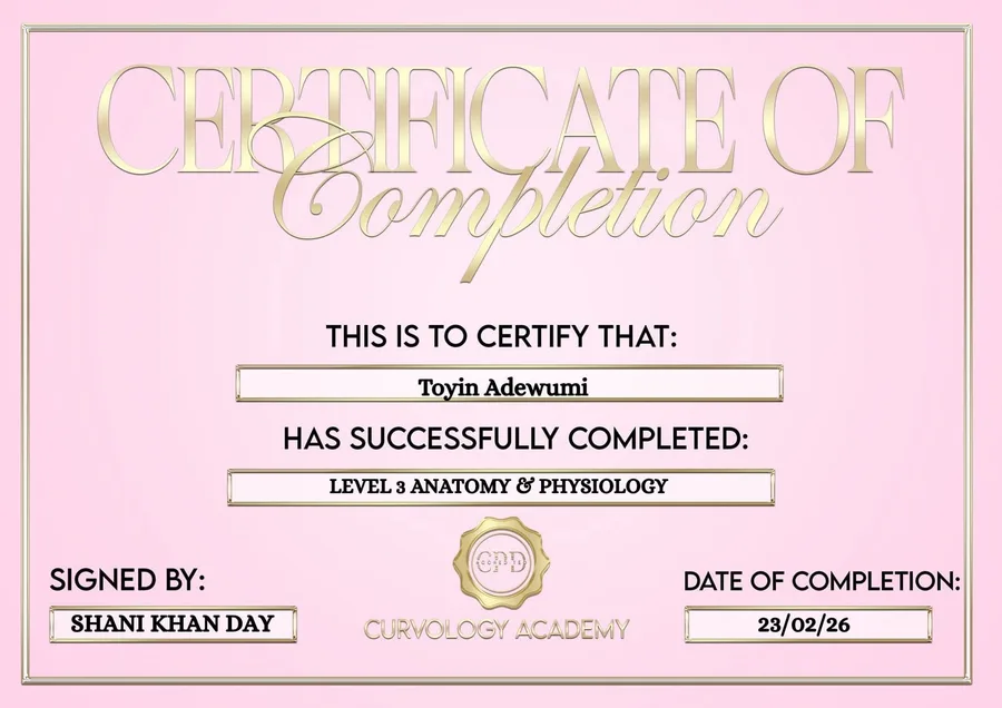 Body Sculpting Certification — Curvology Academy, awarded to Toyin Adewumi (Wumi)