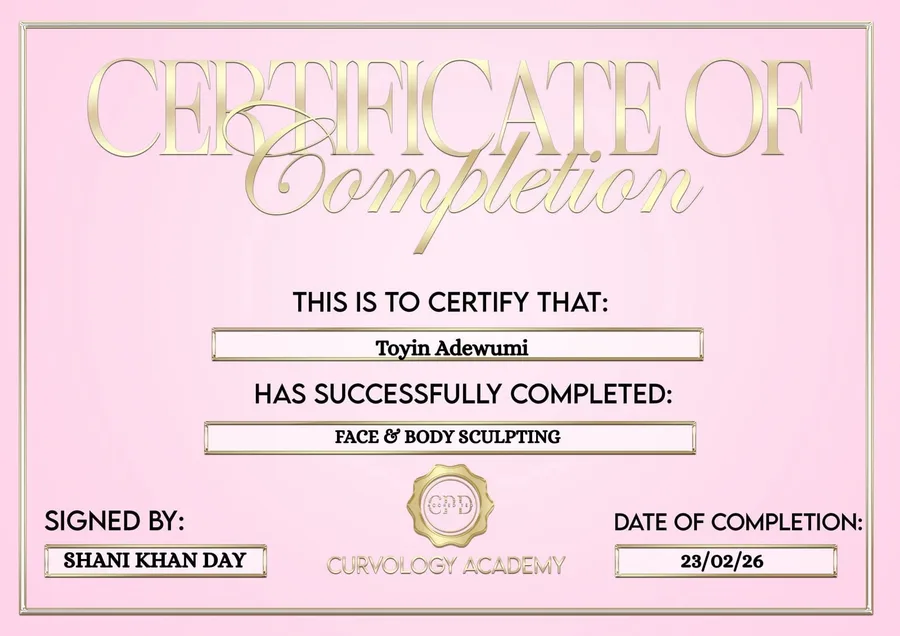 Face & Body Sculpting Certification — Curvology Academy, awarded to Toyin Adewumi (Wumi)