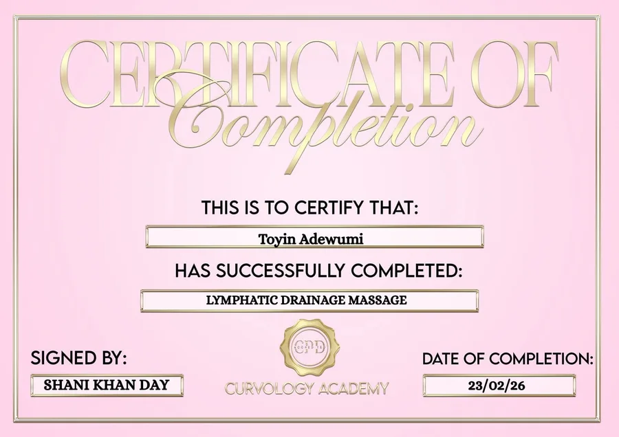 Lymphatic Drainage Massage Certification — Curvology Academy, awarded to Toyin Adewumi (Wumi)